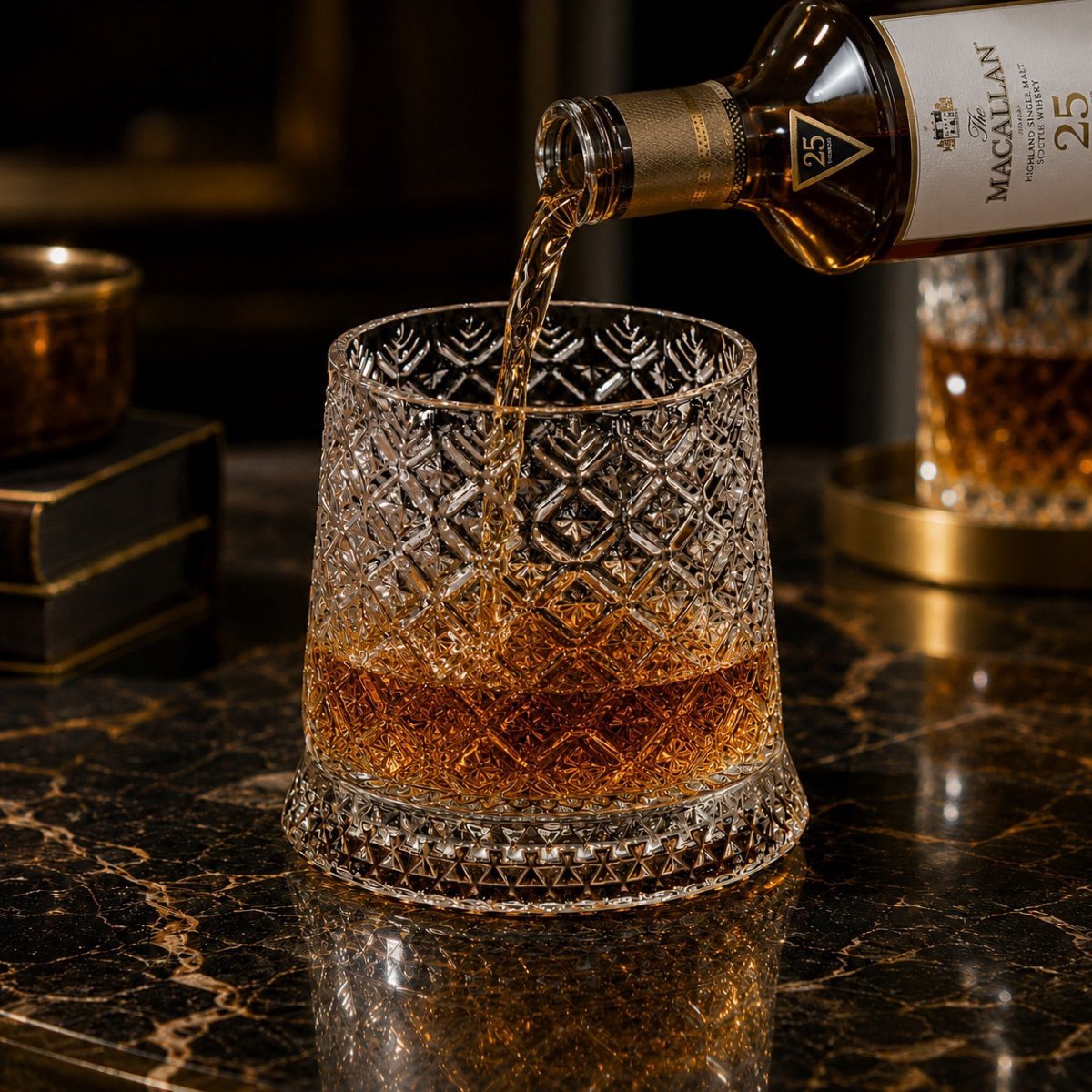 Whiskey being poured into the ArtZ Tokyo Crystal Spinning Glass on a dark bar counter